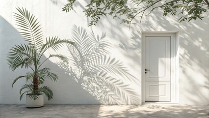 Fototapeta premium White Door and Palm Shadows Minimalist Exterior, Architecture, Tropical