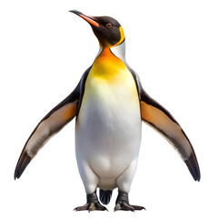 Fototapeta premium A king penguin with vibrant yellow plumage stands with its wings slightly outstretched, looking upwards