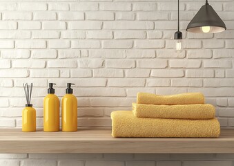 Yellow bathroom items on a wooden shelf
