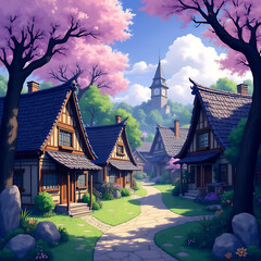 Charming Village Street Scene with Pink Cherry Blossoms