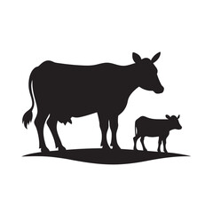 Cow And Calf Grazing Together Silhouette