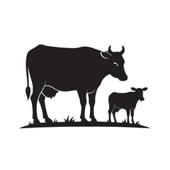 Mother Cow Grazing With Calf Silhouette