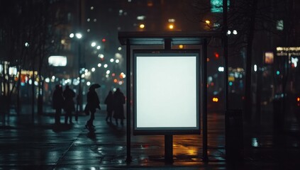 Blank Billboard on Rainy Night City Street