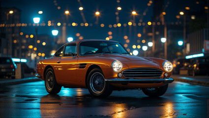 Classic orange grand tourer coupe parked on city street at night