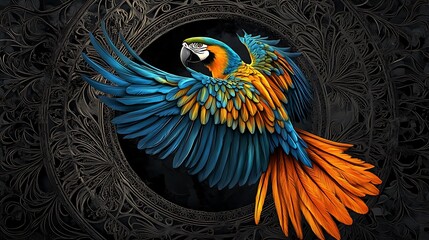 Obraz premium Vibrant parrot in flight against an ornate, dark background.