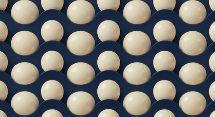 Seamless arrangement of round spheres in a dark blue wavy grid pattern background