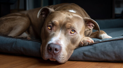 Cute fat dog sad because excess weight. Modern problem of obesity in pets due to overfeeding with food and treats. Concept diet and fight against excess weight in dogs and awareness of animal health
