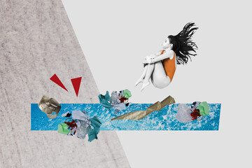 Sketch image design trend artwork collage of young lady jump diving water world pollution...
