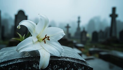 White Lily on Grave with Foggy Cemetery.