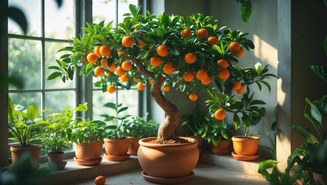 Indoor citrus plant in terracotta pot bearing fruits, placed on windowsill. Softly focused gardening concept.