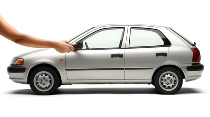 Obraz premium Side angle shot of handshake symbolizing car sale agreement, brand new vehicle on white background, natural lighting, crisp focus on hands, modern clean aesthetic