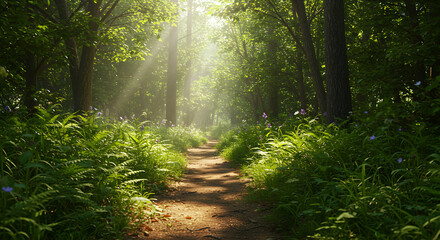 Obraz premium Sunlight path through lush forest