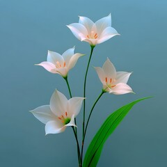 Fototapeta premium Delicate White Lilies with Green Stems and Leaf Against a Blue Backdrop