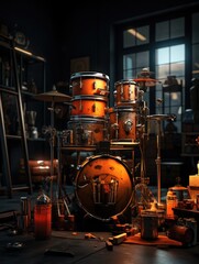 A drum set with orange and silver drums in a dimly lit room with shelves and a window behind it