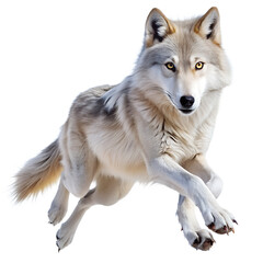 A light-colored wolf with yellow eyes is captured mid-leap