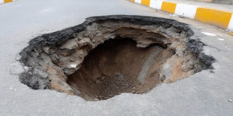 A large sinkhole is in the middle of a paved road, surrounded by road markings. Urban infrastructure, danger, and road issues