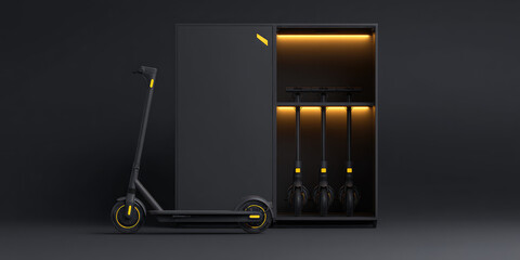 Scooter is parked in front of a charging station with illuminated slots holding three additional scooters. Electric mobility, technology, urban transport