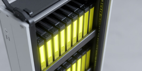 Server rack filled with yellow-lit battery cells arranged in vertical slots. Technology and energy storage concept