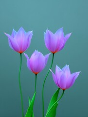 Obraz premium Four Delicate Lilac Tulips in Bloom Against a Textured Green Background