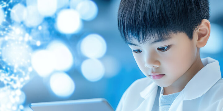 A child in a lab coat concentrates on a tablet, with a futuristic digital backdrop. Concept: technology and curiosity