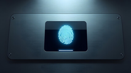 Hand gesture approaching transparent id panel with blue fingerprint for access in futuristic ui presented in modern secure interface design highlighting token identity biometric scanni