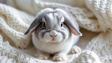 Cute domestic rabbit with fluffy gray and white fur resting on a white knitted throw.