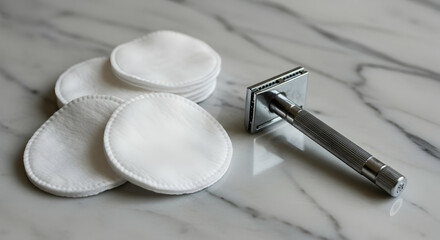 Fototapeta premium White cotton pads and vintage razor on marble surface