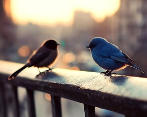 Two birds on a railing at sunset