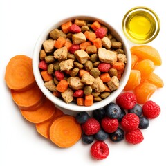 Healthy Dog Food Bowl with Fresh Fruits, Vegetables, and Oil Isolated