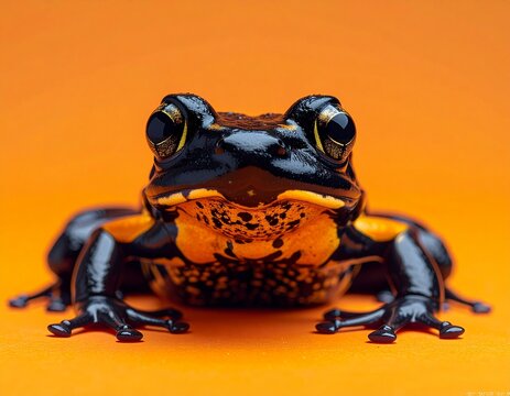 Portrait of a black frog in landscape format retina, the background is 2/3. The background is a solid orange.