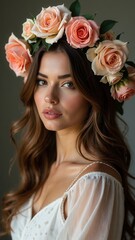 Naklejka premium beautiful woman with long brown hair and a flower crown on her head. She is wearing a white dress and has a pretty smile