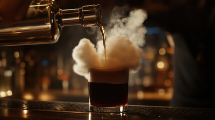 Crystal clear glass filled with deep, rich espresso and splash of golden liqueur, topped with airy cloud of cotton candy.