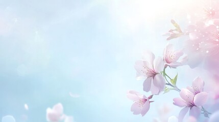 Close-up of cherry blossoms with a soft, dreamy look against a light blue sky. Sunlight shines on the flowers, and there's space for text. A pretty spring scene.
