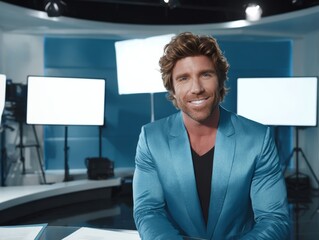 Confident Media Professional Smiling in Modern Television News Studio