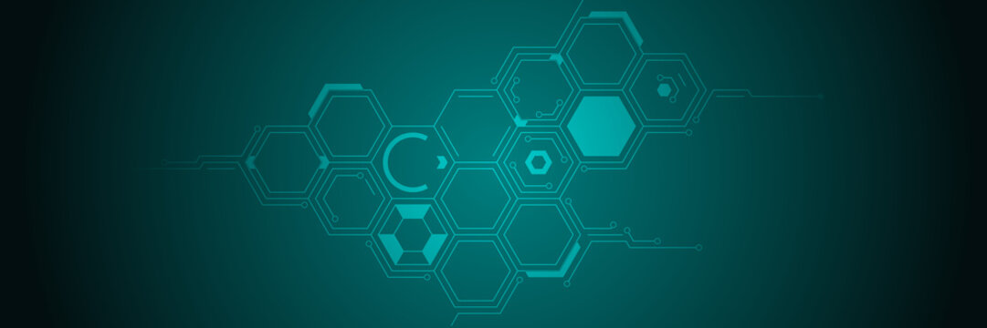 Hexagon pattern with circuit-like connections. Centralized hexagonal structure with circuits. Copy space - Powered by Adobe