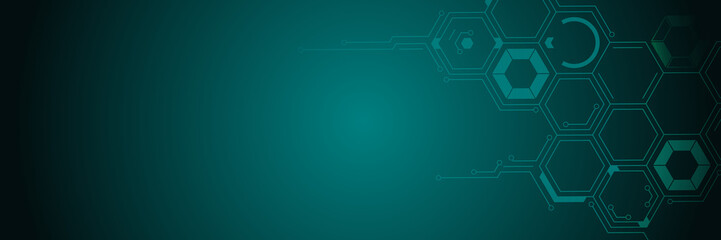 Abstract background. Hexagon pattern with circuit-like connections. Right-sided hex tech grid with electronic nodes. Copy space