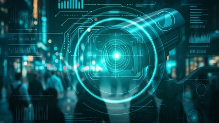 Futuristic surveillance camera with facial recognition and data interface in a smart city street, AI technology and security system - Powered by Adobe