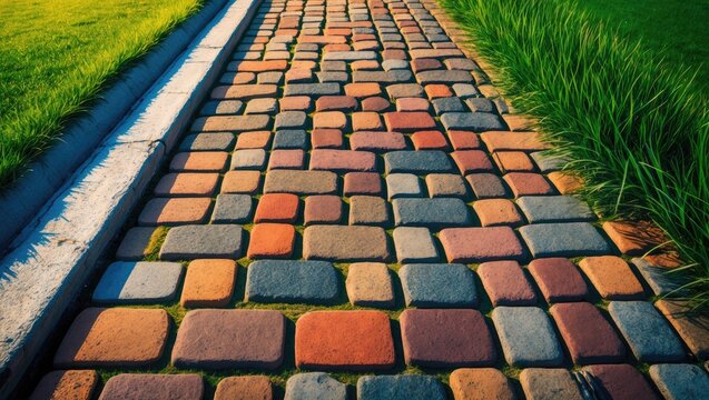 Lively cobblestone street and lawn split by a concrete edge