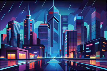 Vibrant vector illustration of a futuristic city skyline at night, showcasing colorful buildings and a rainy ambiance