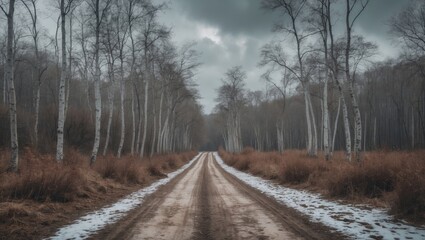 Obraz premium Sandy road in a birch and oak forest on a winter's day