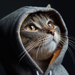 Cat in hoodie looking up on black background