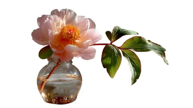 A transparent glass vase holding a single pink peony, exuding elegance and romance, shown on white --ar 16:9 --v 7.0 --s 750