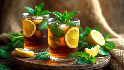 Fototapeta premium On a table, there's a glass filled with iced tea topped with mint and lemon.