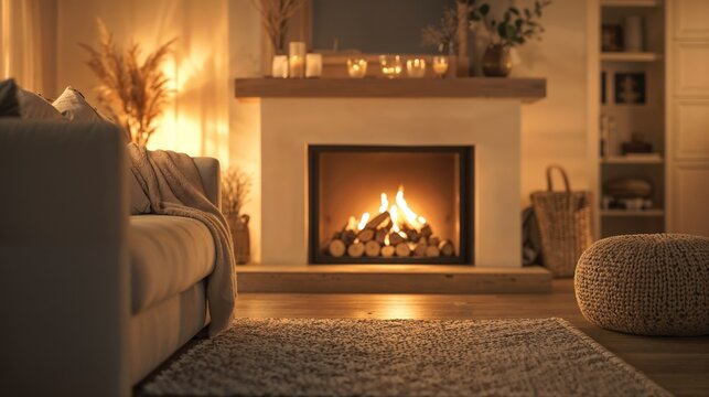 Cozy living room with fireplace and warm candlelight
