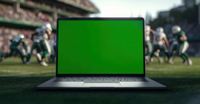 Green screen laptop set against an American football field with players engaged in dynamic gameplay under bright sunlight