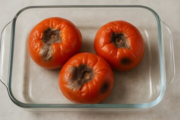 Three Overripe Persimmons in a Glass Dish Displaying Signs of Decay and Mold