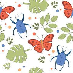 Summer seamless pattern with bugs, butterfly, leaves on white background.