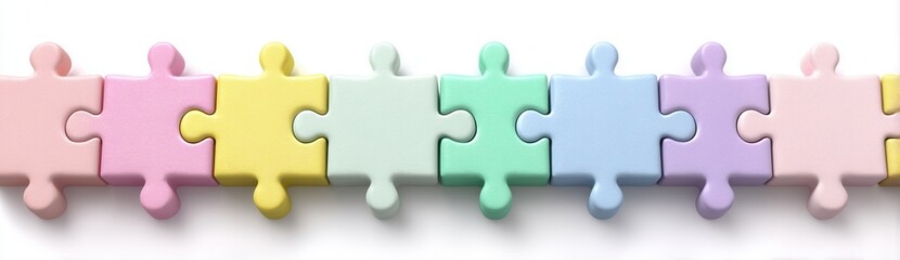 Obraz premium Colorful puzzle pieces connecting in harmony on a pristine white background with soft shadows for depth