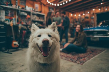 A happy, smiling dog in a garage setting with friends and a classic blue car.
