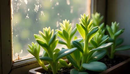 Obraz premium Succulent Plant in Sunlight Near Window with Dust Particles on the Glass Surface